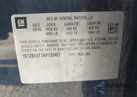 2017 Chevrolet Malibu Ls из США, поврежденный, VIN 1G1ZB5ST7HF139467